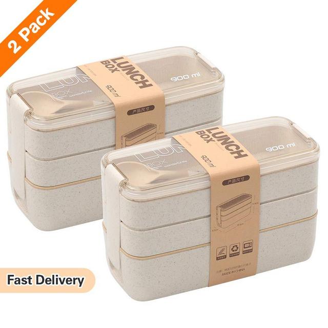 2 PACK Bento Box Japanese Lunch Box, 3-In-1 Compartment, Wheat Straw, Leak-proof Eco-Friendly Bento Lunch Box Meal Prep Containers for Kids and Adults (Beige)