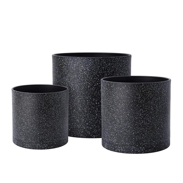 D'vine Dev 6.5 Inch 8 Inch 10 Inch, Set of 3 Plastic Planter Pots for Plants with Drainage Hole and Seamless Saucers, Speckled Black Color, Large, 74-V-F-4