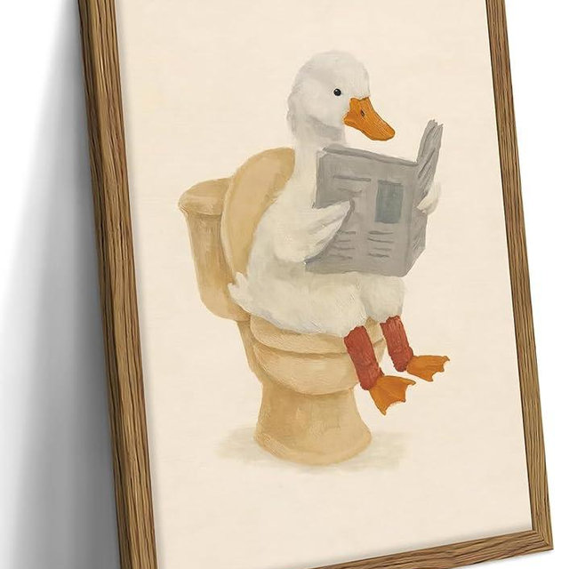 Framed Duck Bathroom Wall Art, Whimsical Duck Reading on Toilet, Funny Kids Bathroom Wall Decor, Vintage Farmhouse Toilet Decor, Cute Animal Canvas Print for kids Room 8x10 inch