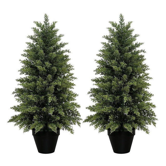 3ft Artificial Cedar Trees for Outdoors Planters Set of 2 Topiary Trees Artificial Outdoor Indoor Realistic Faux Cedar Tree for Home Front Porch Office Entryway Decor