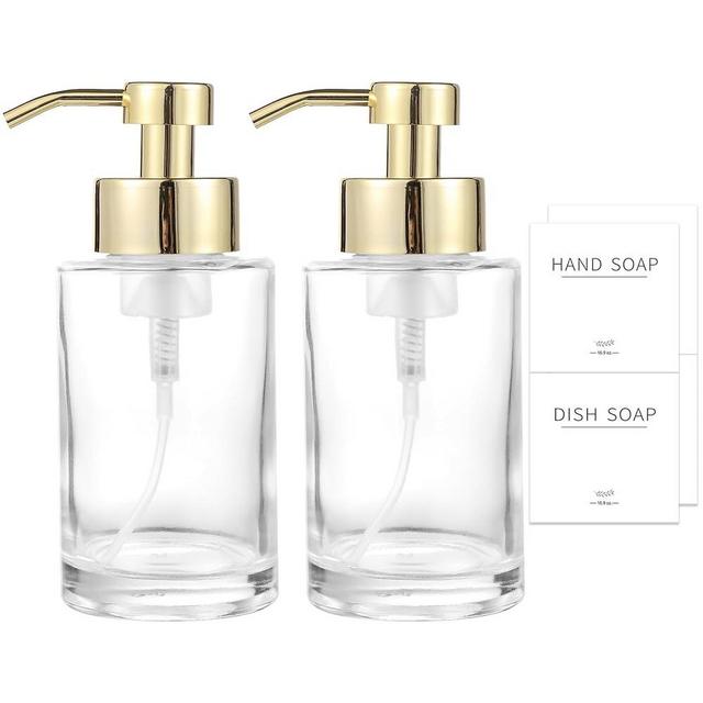 Foaming Soap Dispenser Set, 12 Oz Clear Glass Hand Soap Dispenser with Gold 304 Rust Proof Stainless Steel Pump, Waterproof Labels, Bottles for Bathroom Decor Kitchen College Dorm, 2 Pack