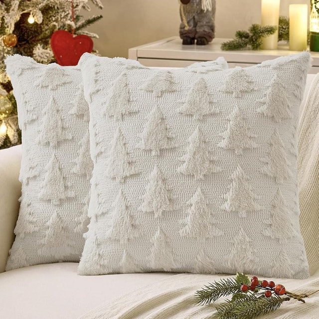 MIULEE Christmas Throw Pillow Covers Cream White Christmas Decorations Set of 2 Xmas Tree 18x18 Pillow Covers Soft Plush Faux Wool Pillowcases Holiday Festivals Winter Home Decor Sofa Couch Bed Porch