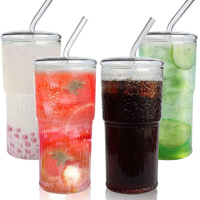 CAYOREPO 4 Packs 18 oz Glass Cups with Lids and Straws, Glass Coffee Tumbler, Tumbler Water Glass, Water Bottle, Thick Wall Glass Coffee Mug Iced Tea Cup (Clear (4Pcs 18oz))