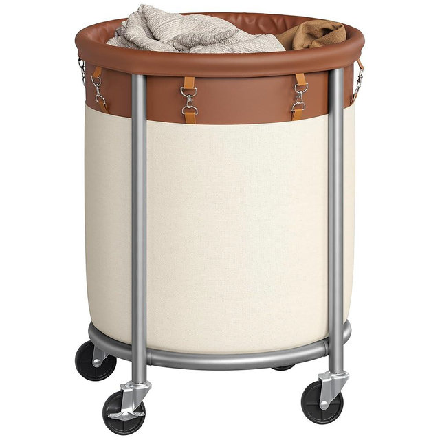 SONGMICS 29-Gallon (110 L) Laundry Basket with Wheels, Rolling Round Heavy-Duty Laundry Hamper Cart with Steel Frame and Removable Bag, 2 Locking Wheels, Coffee Brown and Cream White URLS002KQ02