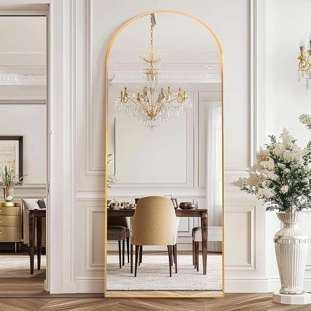 ZHUNFA Arched Full Length Floor Mirror Gold, 64"x 22" Full Floor Mirror with Stand, Standing Mirror Hanging or Leaning, Living Room, Bedroom, Gym, Aluminum Alloy Frame-Gold