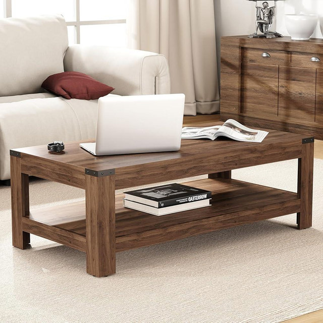 Farmhouse Coffee Table, Modern Rustic Wooden Center Table with Storage, Living Room Tables, 2-Tier Industrial Cocktail Tea Table for Living Room (Walnut, 47.2 in)