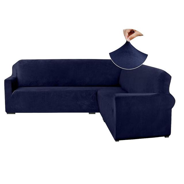 ALIECOM Velvet Corner Sectional Couch Covers L Shaped Sofa Cover for Dogs Stretch Soft Thick Plush U Shape Sofa Slipcovers Living Room Anti Slip Pet Friendly Furniture Protector (Navy Blue, Large)