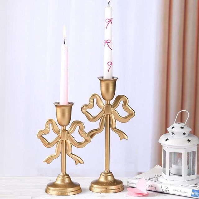 Mumufy 2 Pcs Gold Bow Taper Candlestick Holders Tall Pillar Candle Holders Decorative Candlestick Holder for Home Decor, Wedding, Dinning, Party, 2 Size 10 Inch 8 Inch, Single Sided Bow