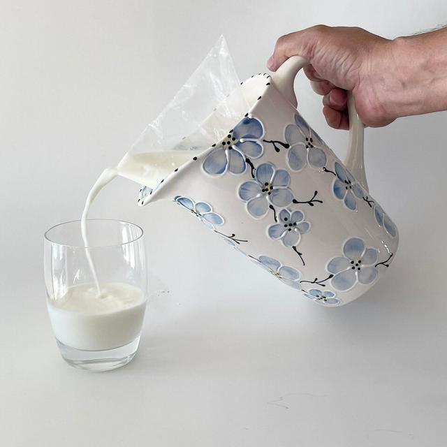 Hand painted ceramic pitcher for milk, ceramic milk bag holder, ceramic milk bag pitcher, Canadian milk bag, handmade milk pitcher,