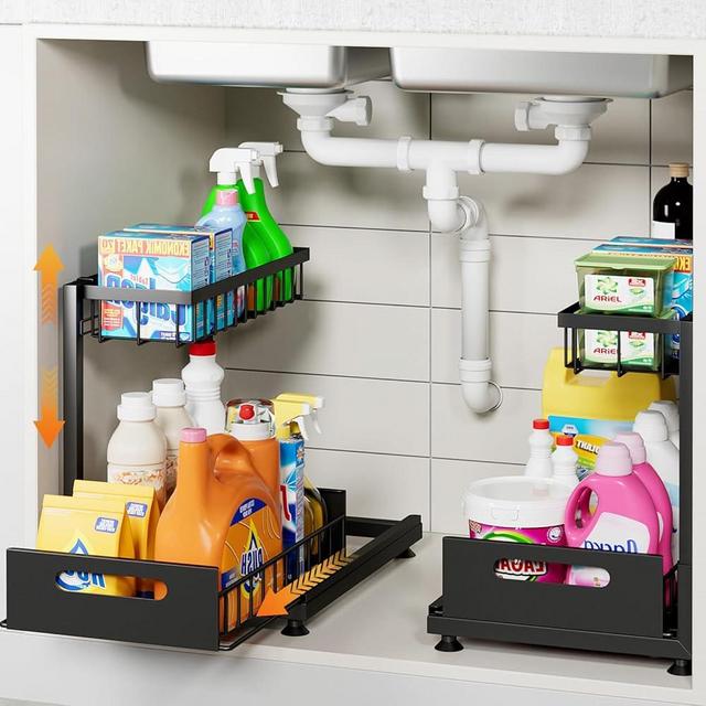 2 Pack Under Sink Organizer Storage 2-Tier Premium Metal Pull-Out Racks, Height Adjustable, Easy Installation | Kitchen & Bathroom Organizers