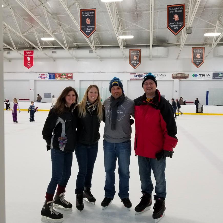 Ashley with her sister, cousin, and brother ice skating (Heather, David, and Matthew).