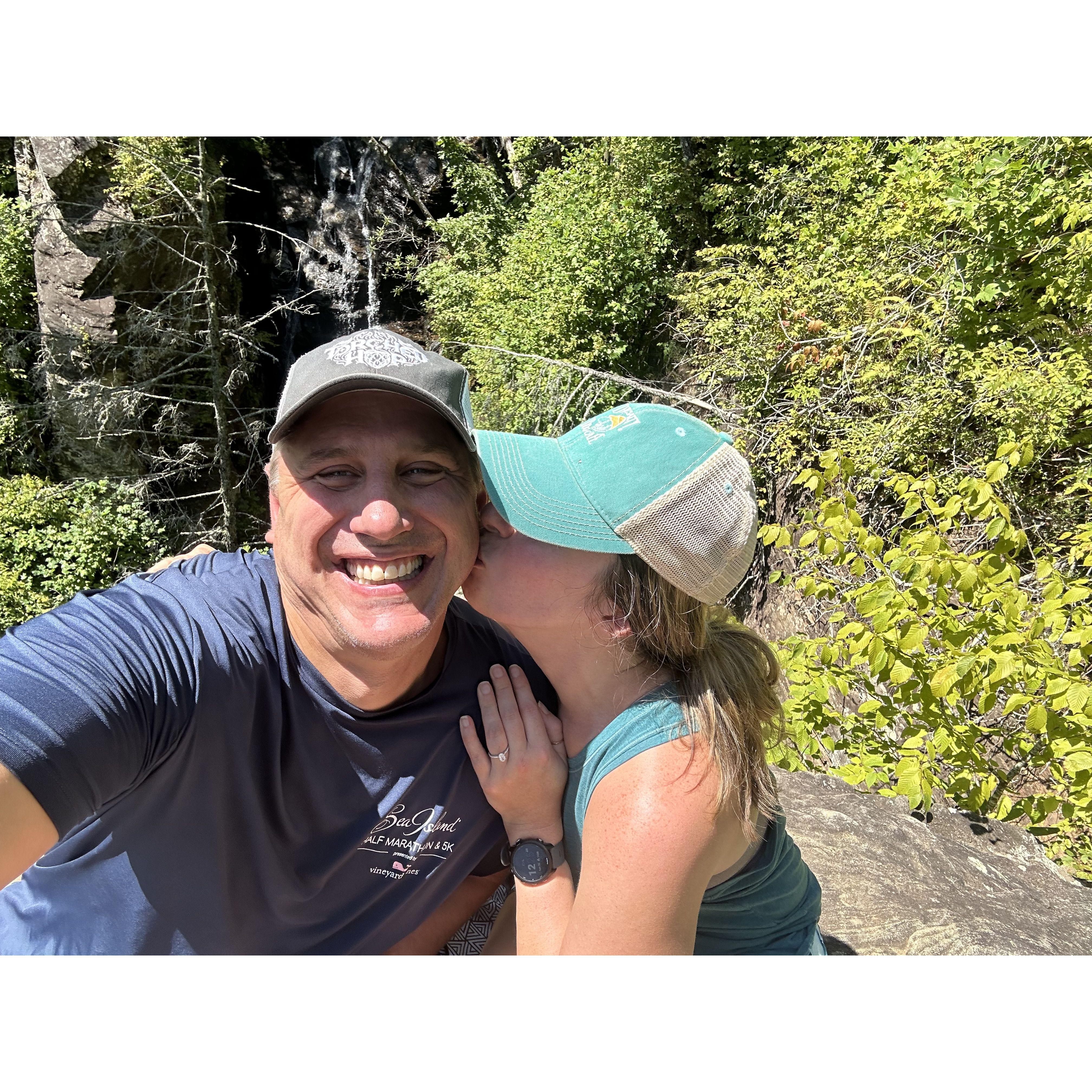Most recent Raven Cliff Falls hike (2024), right after we got engaged!