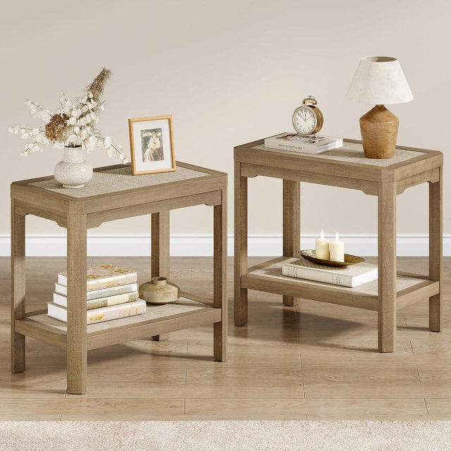 Eclatara Rattan Night Stand Set of 2 - Farmhouse 2 Tier End Table for Living Room - Accent Side Table wtih Open Storage Shelves for Small Space Narrow Coffee Table Bamboo, Oak