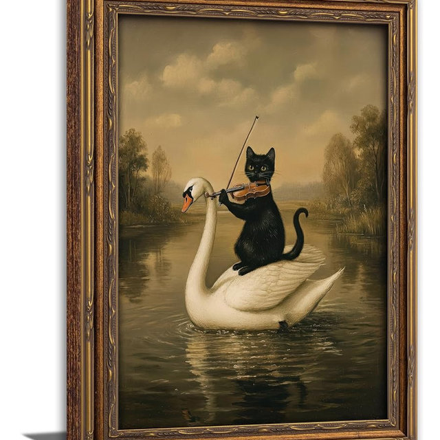 Vintage Gold Framed Black Cat Wall Art,Dark Academia Swan Painting Canvas Print,Moody Cottagecore Cute Animal Wall Decor, Rustic Farmhouse Animal Poster Artwork for Living Room Bedroom Bathroom
