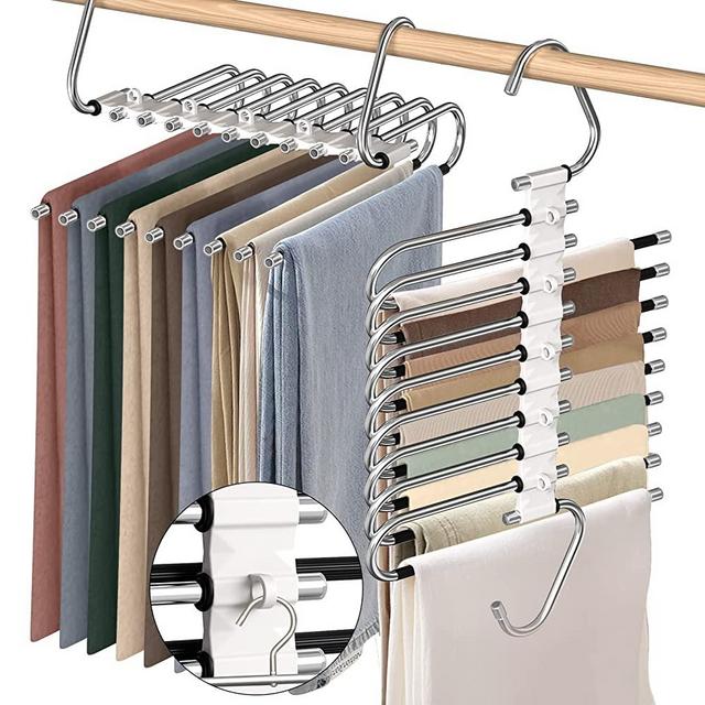 Upgrade 9 Layers Pants Hangers Space Saving, 2 Pack Non Slip Stainless Steel Multifunctional Pants Rack S-Type Clothes Pant Closet Hanger Organizer with Hooks for Pants Jeans Trousers Skirts, White