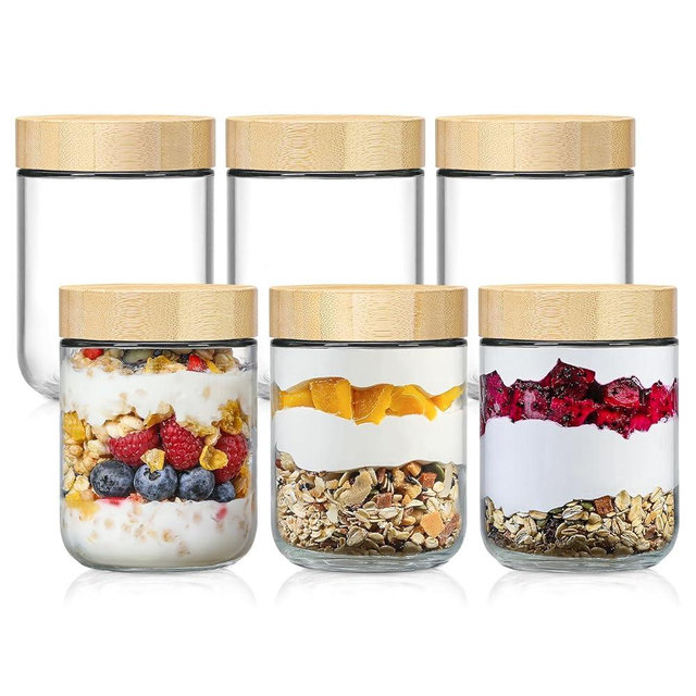 NETANY 6-pack 16oz Glass jars with Airtight Lids, Overnight Oats Containers with Bamboo Lids, Wide mouth Mason Salad jars, Glass Food Storage Containers for Snacks Yogurt Spice Sugar