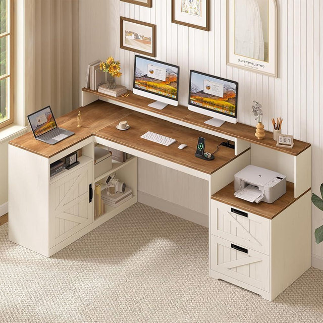 TVU Farmhouse L Shaped Desk with Drawers, 62.2" Home Office Desk with Storage Shelves and Power Outlet, L Shaped Computer Desk with Monitor Stand and Printer Shelf, Brown and White