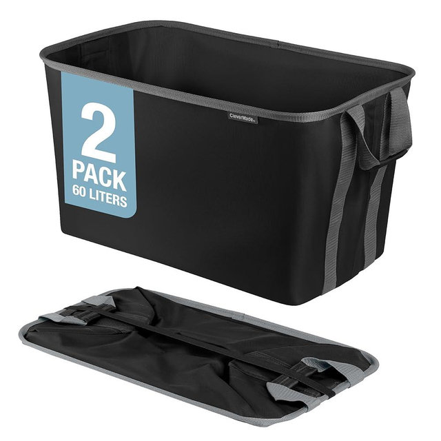 CleverMade Collapsible Laundry Baskets, Midnight Black/Shadow Gray 2PK - 60L (16 Gal) Foldable Laundry Basket with Sturdy Pop-Up Wire Frame and Carry Handles - Space-Saving Collapsible Hamper