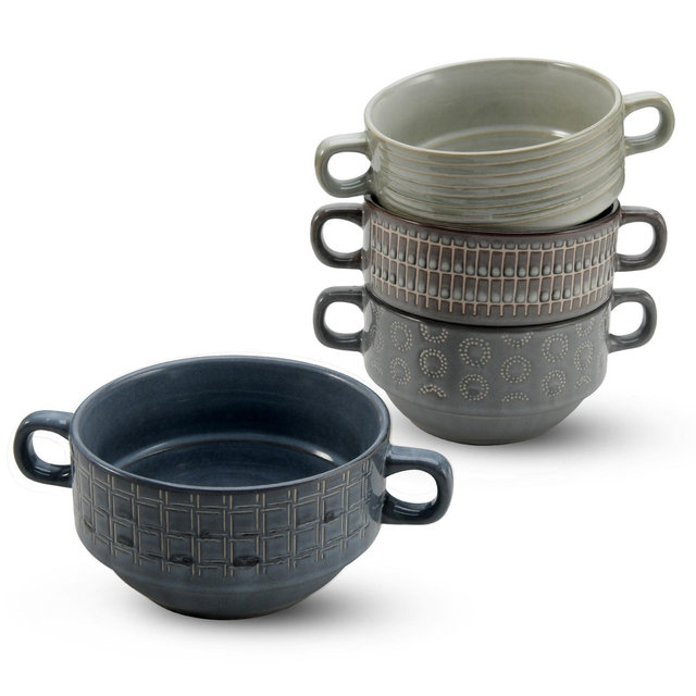 American Atelier Soup Bowls with Handles, Set of 4, Glazed French Onion Soup Bowl, Stackable Serving Bowls for Stew, Pasta, Chili, Assorted Geometric