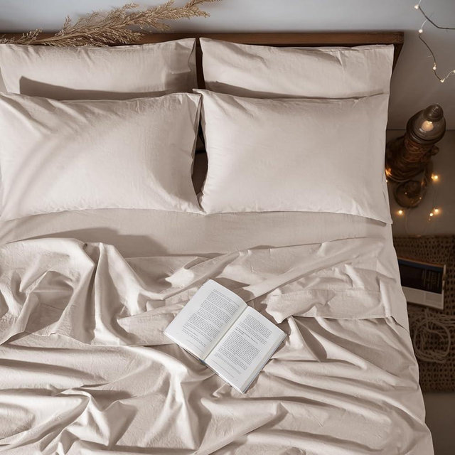 LBRO2M 100% Linen Sheet Set Queen Size, Bed Sheets 6 Piece Sets,Solid Color Natural Flax Bed Sheets Soft Breathable Bedding,16" Deep Pocket,All Season (Queen, Linen)