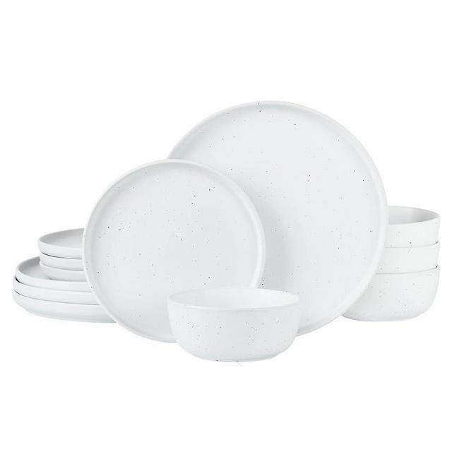 Famiware 12 Piece Plates and Bowls Set, Speckled Dinnerware Sets for 4, Matte Dish Set, Microwave and Dishwasher Safe, White
