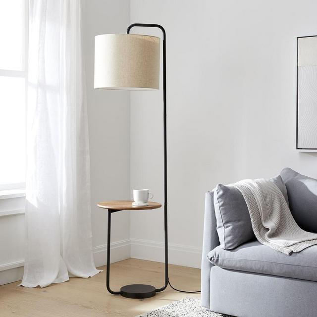 Industrial Shelf Floor Lamp, Natural Linen, Burnt Wax, Dark Bronze