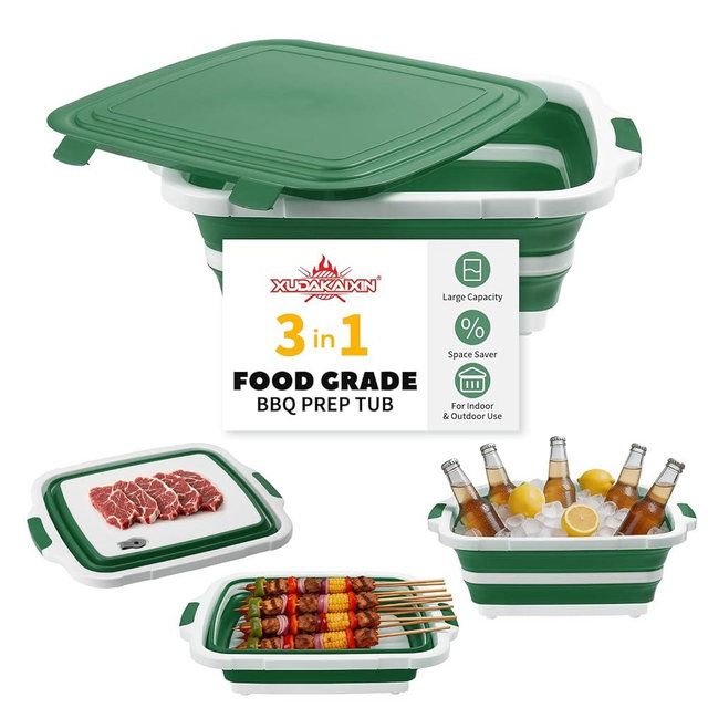XUDAKAIXIN Collapsible BBQ Prep Tub for Meal Prep, Marinating,Food Storage, picnics, camping, barbecues,cutting fruits and vegetables - Includes Cutting Board and Locking Lid,(X-Large) Green