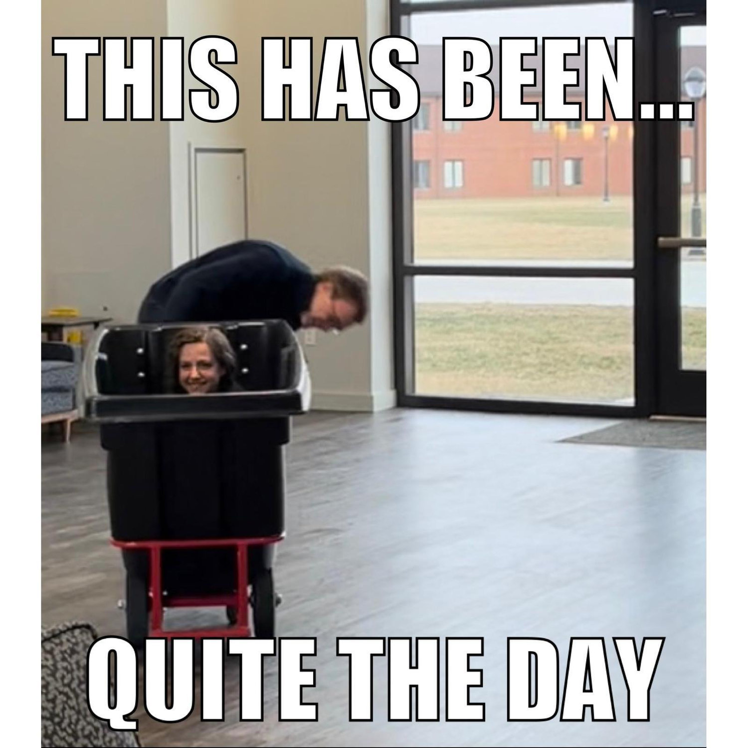Iconic moment before we were dating... Henry giving Adora an iconic ride in a trash can!