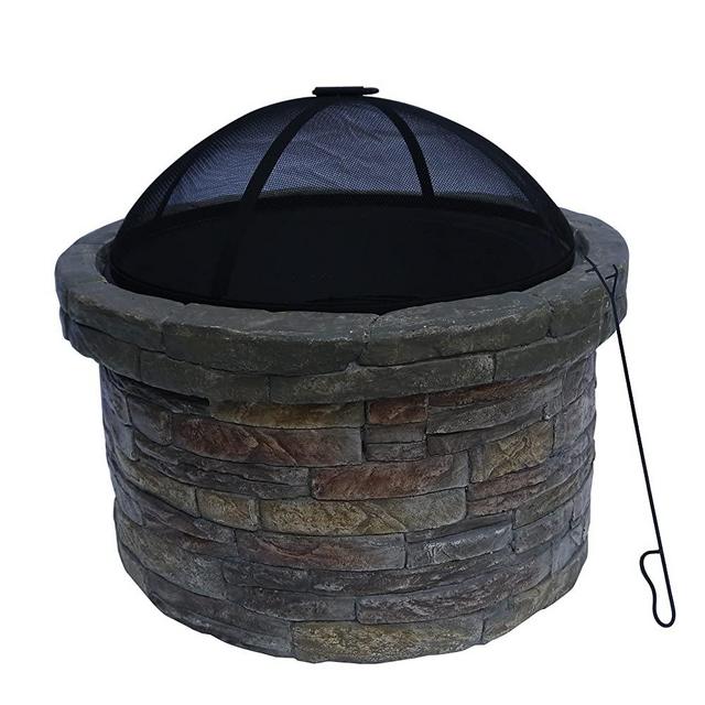 Peaktop HR22818AA Stone Wood Burning Fire Pit with Cover Outdoor Garden Round, 26.6", Dark Gray