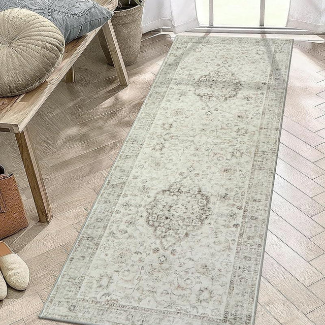 LIVEBOX Washable 2x6 Runner Rug for Bathroom, Non Slip Kitchen Mats for Floor Entryway, Boho Indoor Front Door Mat Low-Pile Runners for Hallways, Farmhouse Rugs for Bath Laundry, Taupe