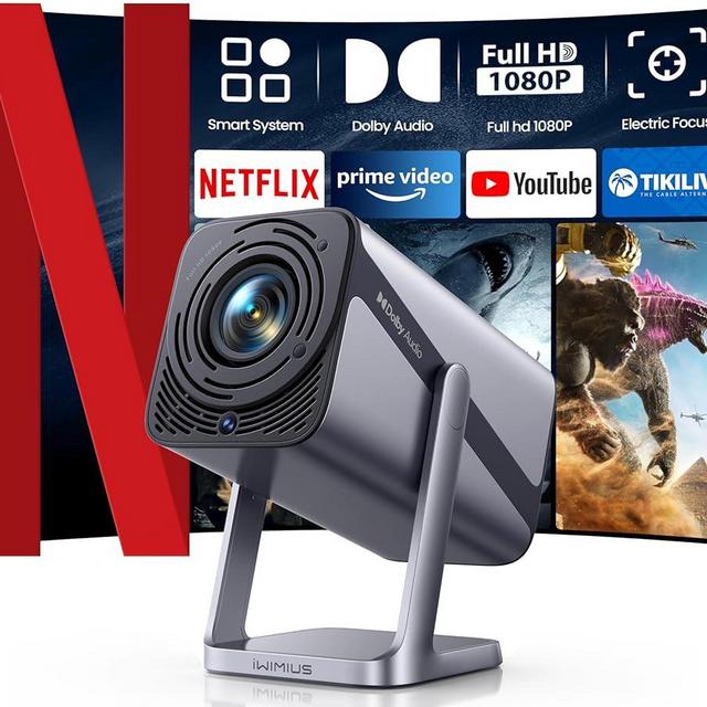 Netflix-Licensed丨20W Dolby Audio丨360°Adjustable Stand: Smart 4K Projector with WiFi 6 and 2-Way Bluetooth, Electric Focus & Auto Keystone, iWIMIUS 1080P Mini Portable Outdoor Proyector w/ HDMI ARC