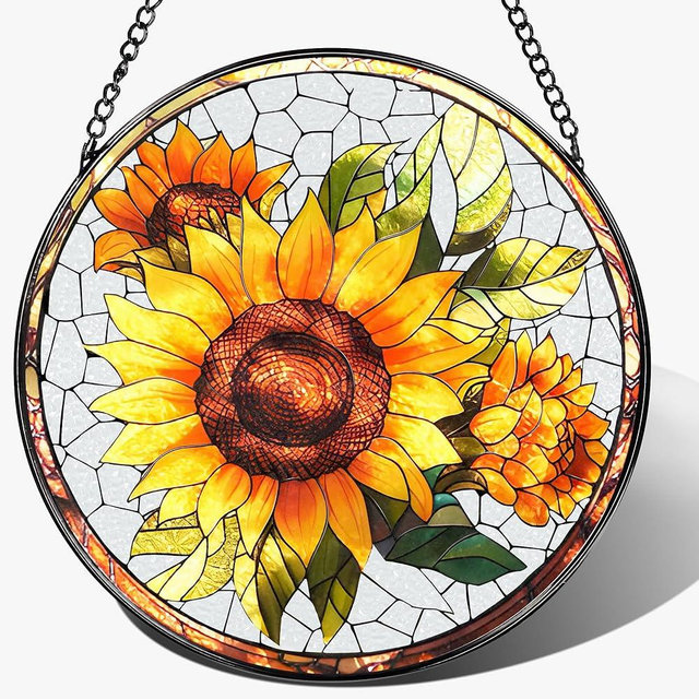 8-Inch Stained Glass Ornament, Stained Glass Window Hanging, Suncatcher Window Hanging, Home Decor, Sunflower Ornament | Mother's Day, Christmas, Birthday | Gifts for Flower Lovers, Mom & Friend