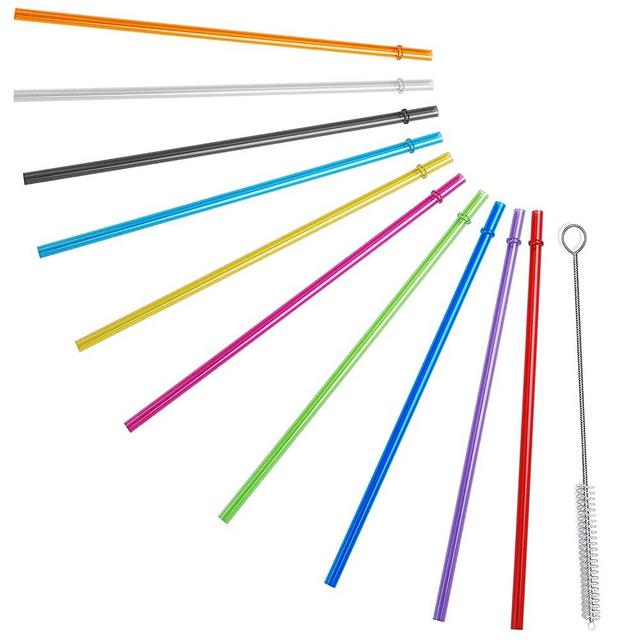 ALINK 10.5" Long Rainbow Colored Reusable Plastic Replacement Straws for Tervis, Yeti, Signature, Starbucks Tumblers, Set of 10 with Cleaning Brush