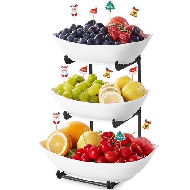 Lifewit Plastic Fruit Bowl Basket for Kitchen Countertop, 3 Tier Fruit Holder with Black Metal Stand, Serving Tray for Food, Vegetable, Cake, Dessert in Party