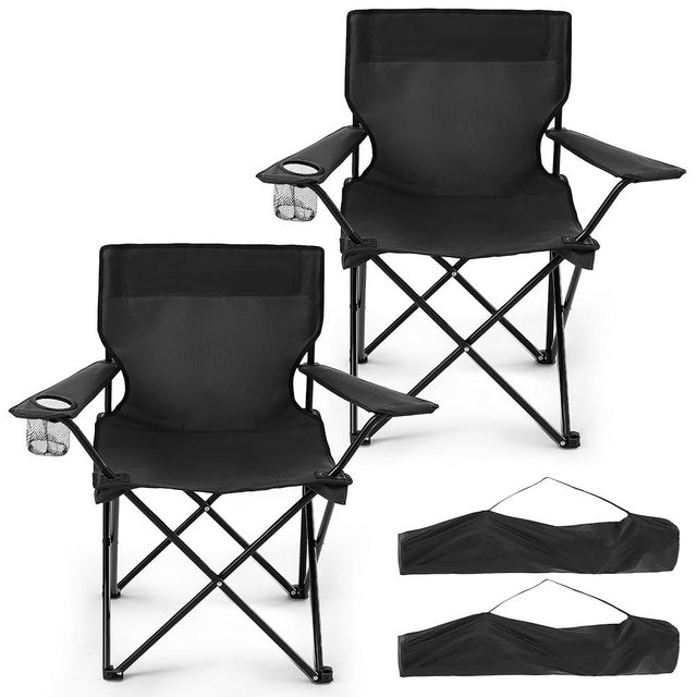 Geisoun 2-Pack Foldable Camping Chairs with Cup Holder, 300LB Lawn Portable Folding Chairs for Adults, Lightweight Outdoor Beach Chairs with Carry Bag for Camp, Fishing, Sports (Black)