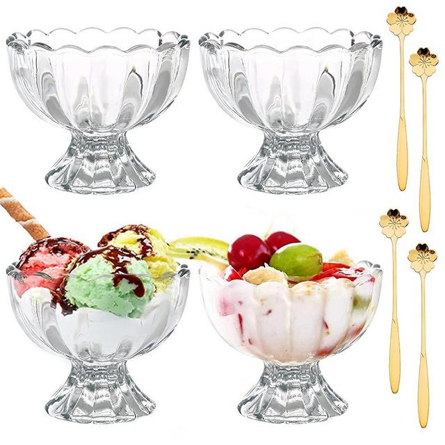 Sunximei 4 PCS 5.5oz Dessert Bowls (Small Size) Footed Glass Cups with spoons for Dessert,Yogurt,Ice Cream,Cocktail,Trifle,Pudding,Christmas Holiday Party