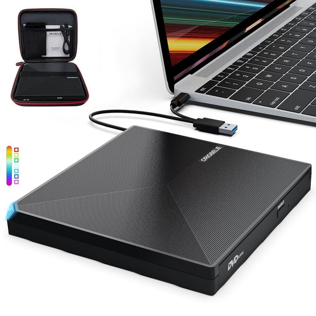 ORIGBELIE External CD DVD Drive, Portable Type C & A USB 3.0 DVD +/-RW Player Burner Reader Writer Optical CD ROM Disc Drive for MacBook Laptop Desktop PC Mac OS Windows Linux with Carrying Case