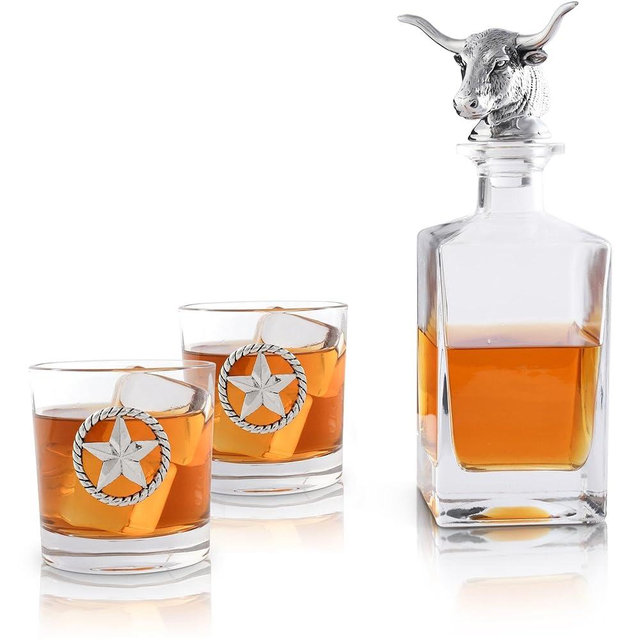 Arthur Court Longhorn Liquor Decanter Set with Pair of Longhorn Whiskey Rock Glasses 750ml Groomsmen Gifts, Wedding Gifts For Couple, Bar Décor, Or Man Cave Décor
