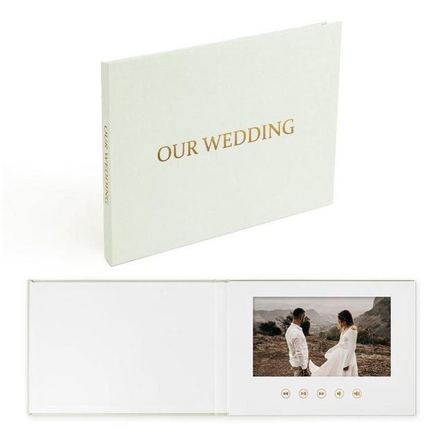OUR WEDDING - GOLD FOIL Luxury Linen Bound Video Book Video Album Up to 2.5 hours of video, 7” IPS Display, 4GB of memory & Rechargeable Battery (OUR WEDING)