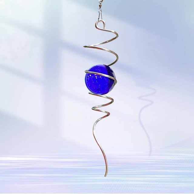Goollyrusim Gazing Ball Spiral Tail with Dark Blue Glass Orb, Wind Spinner Stabilizer for Wind Spinners, Hanging Decoration Decor for Garden Yard Patio Outdoor Indoor, Creative Gift, 13in Height