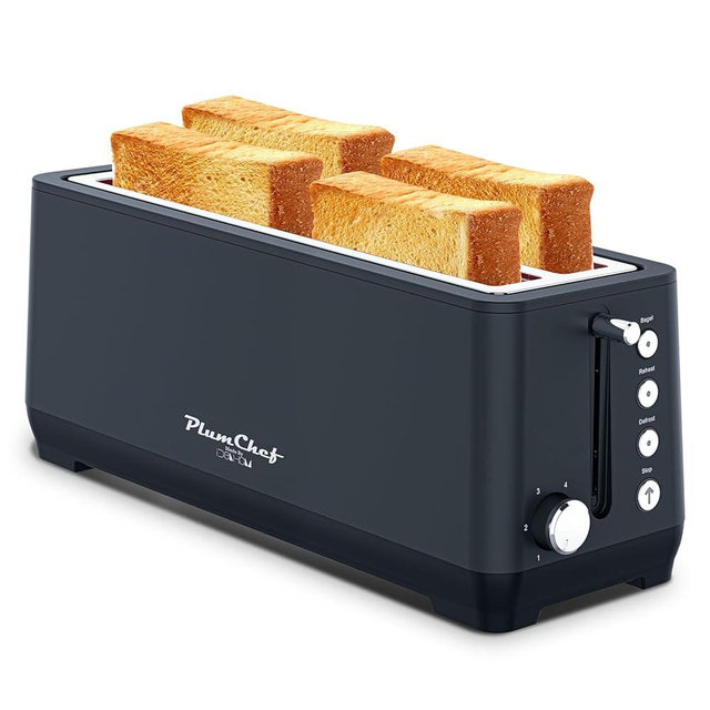 Plum chef 4-Slice Toaster, Extra Wide Long Slot Toaster with Warming Rack, 6 Browning Settings, Bagel/Defrost/Reheat Functions, Removable Crumb Tray, Stainless Steel Housing,Black