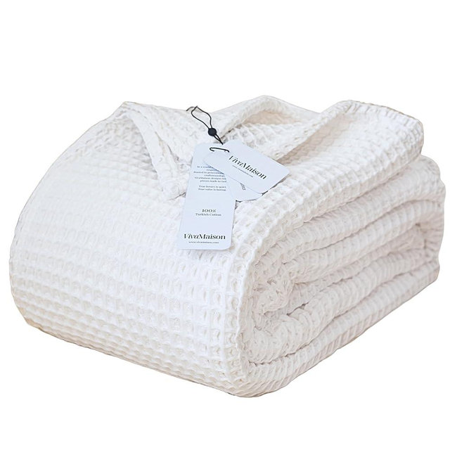 Viva Maison 100% Turkish Cotton Waffle Blanket King Size White - Premium Quality, Light and Airy Waffle Weave All-Season Quilt - Lux Decorative Bedspread (White, King Size 95" x 110" Inch)
