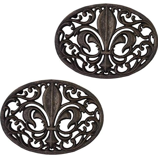 Lulu Decor,100% Cast Iron Oval Fleur de lis Trivet, Set of 2, Beautiful Intricate Design in Antique Brown Finish