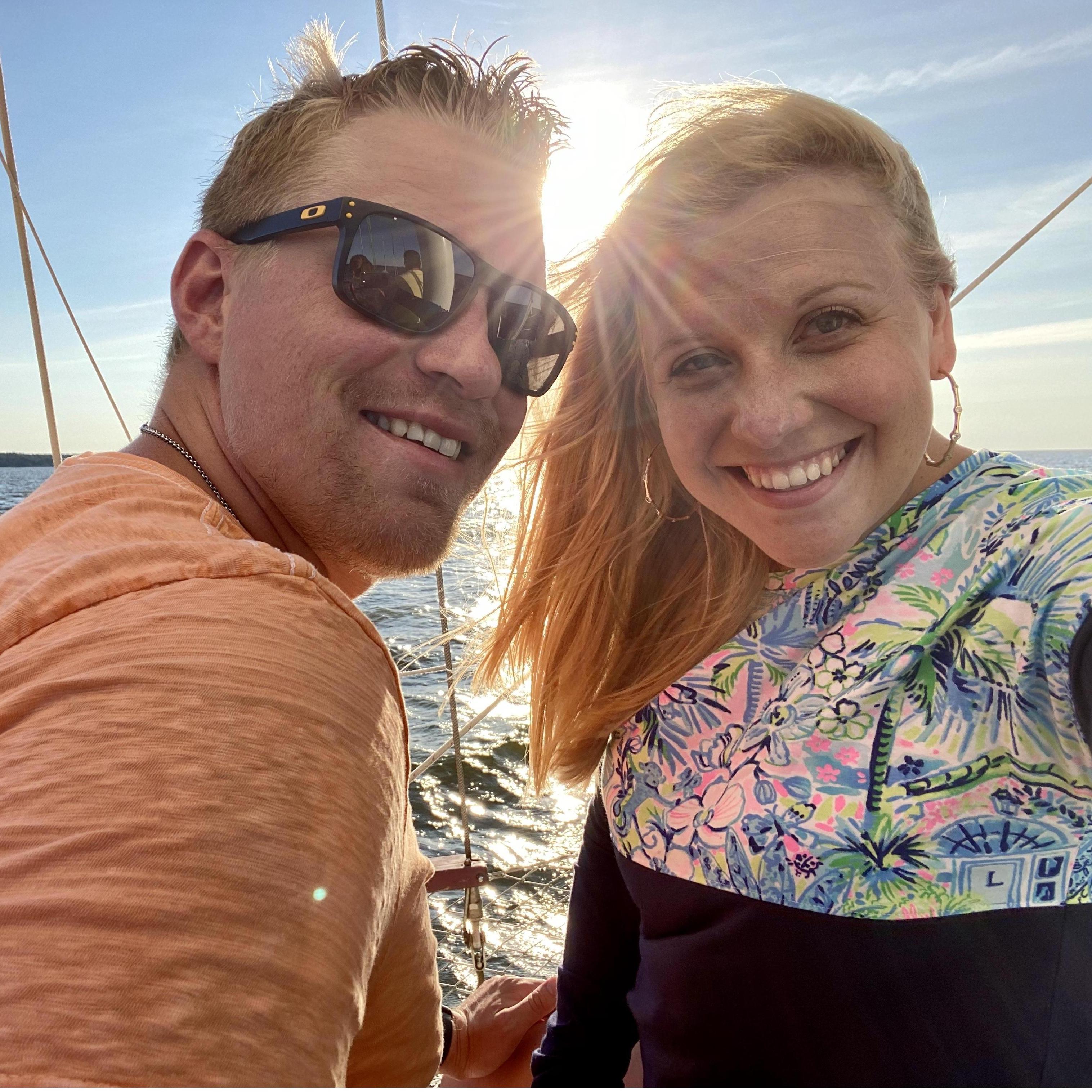 July 2020: Luke and Andrea enjoy a sunset cruise during their mini-vacation in the Outer Banks of North Carolina.