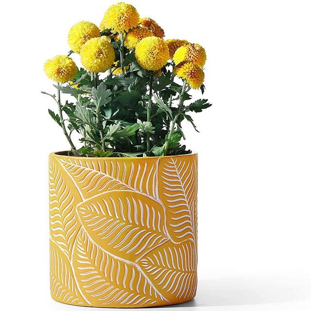 POTEY Cement Planter Flower Pot - 7.3" Vintage Indoor Plants Containers Unglazed Medium Bonsai with Drain Hole - Yellow, Leaves Embossment