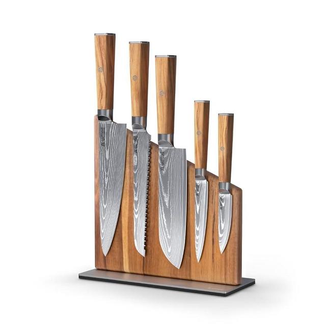 Yatoshi Knives Magnetic Kitchen Knife Block Set - Japanese 67 Layer High-Grade VG-10 Steel Knives, Sharp, Professional Kitchen Knife Set - Damascus (6 pieces), Olive Wood Handles