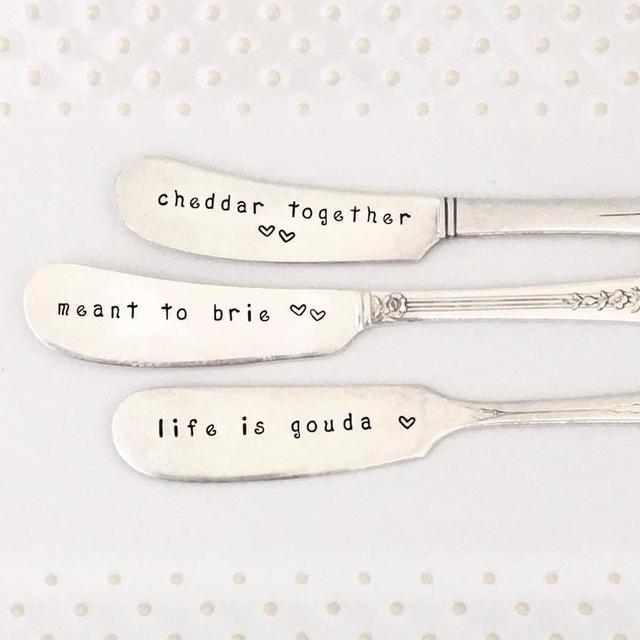 Vintage silver cheese spreaders, Cheddar Together - Meant To Brie - Life is Gouda, hand stamped spreaders, housewarming gift