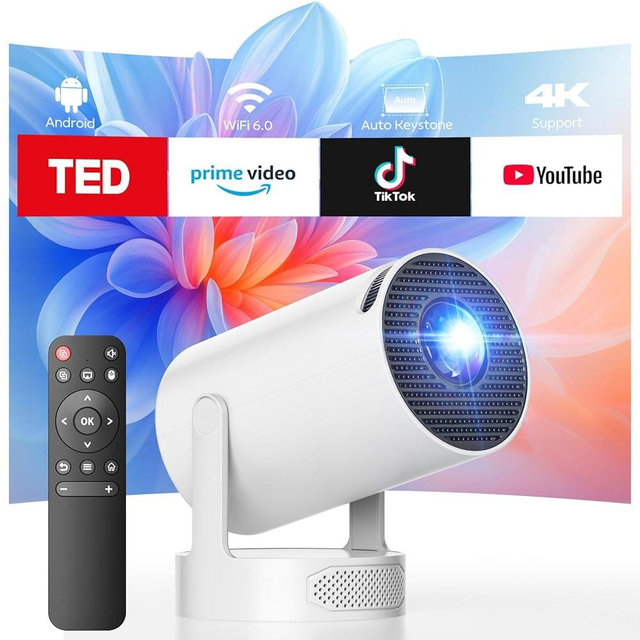 Mini Projector with WiFi and Bluetooth, Smart Portable Movie Projector 4K Support, 300 ANSI, 5W Base Speaker, 220° Rotation, Auto Vertical Keystone, Compatible with USB/HDMI/TV Stick/Laptop/Smartphone
