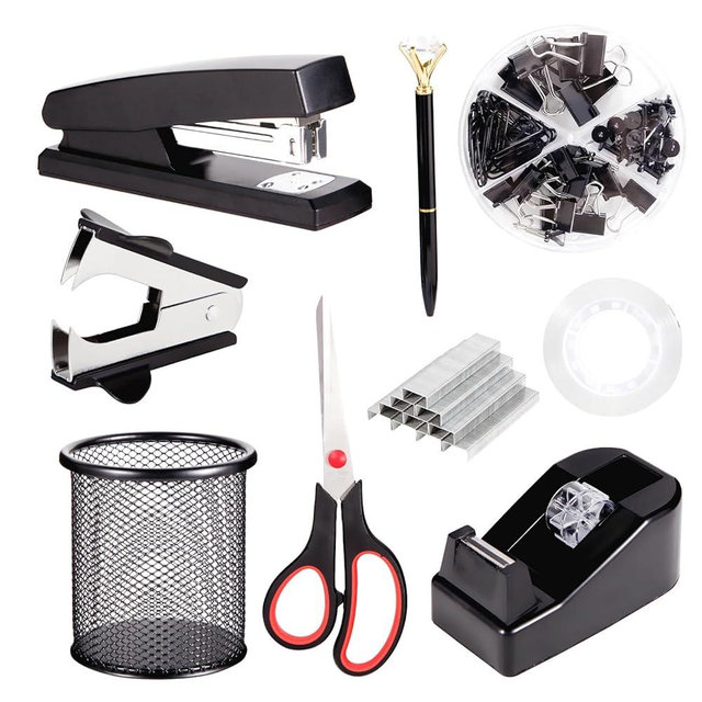 Black Desk Accessories, Office Supplies Set with Stapler, Tape Dispenser, Staple Remover, Pen Holder, Scissor, Binder/Paper Clips, Ballpoint Pen, Clear Tape and 1000pcs Staples
