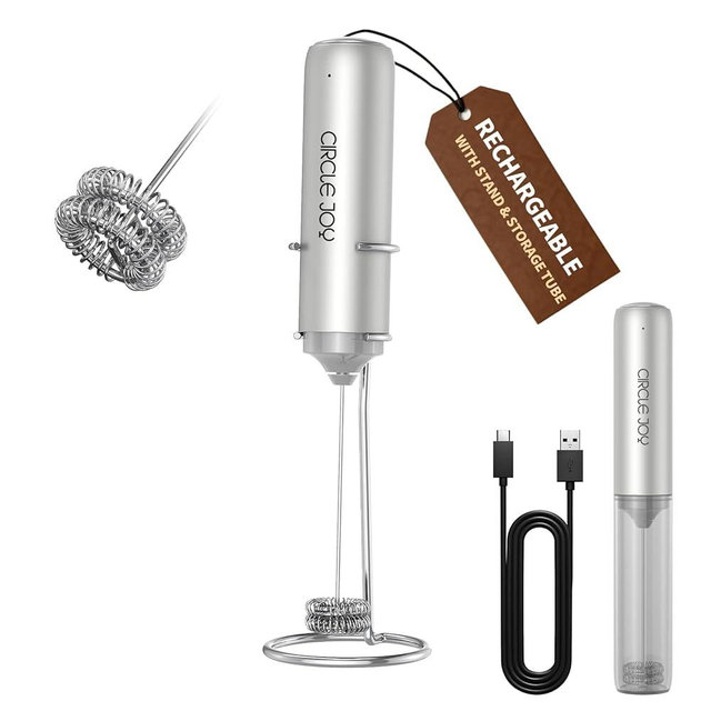 CIRCLE JOY Rechargeable Milk Frother Handheld with Stand,Dual Spring Whisk Electric Coffee Frother Wand, Portable Hand Frother Drink Mixer for Matcha Lattes Cappuccino, Coffee Lover Gift, Silver